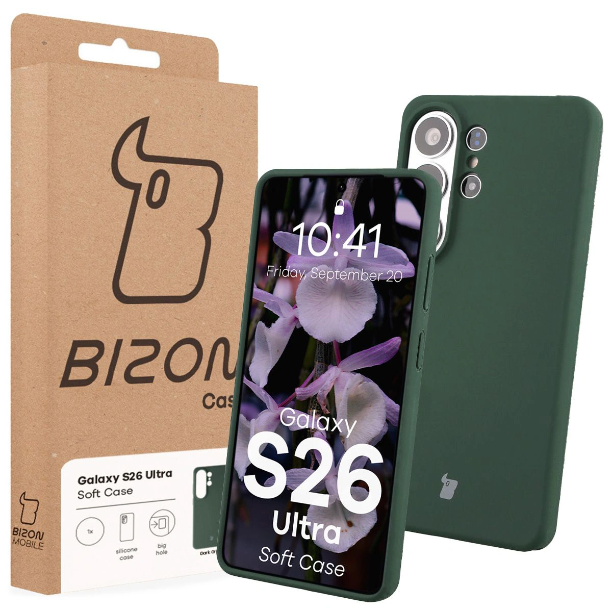 Przód pudełka Bizon Case z dedykowaną etykietą do Samsung Galaxy S26 Ultra