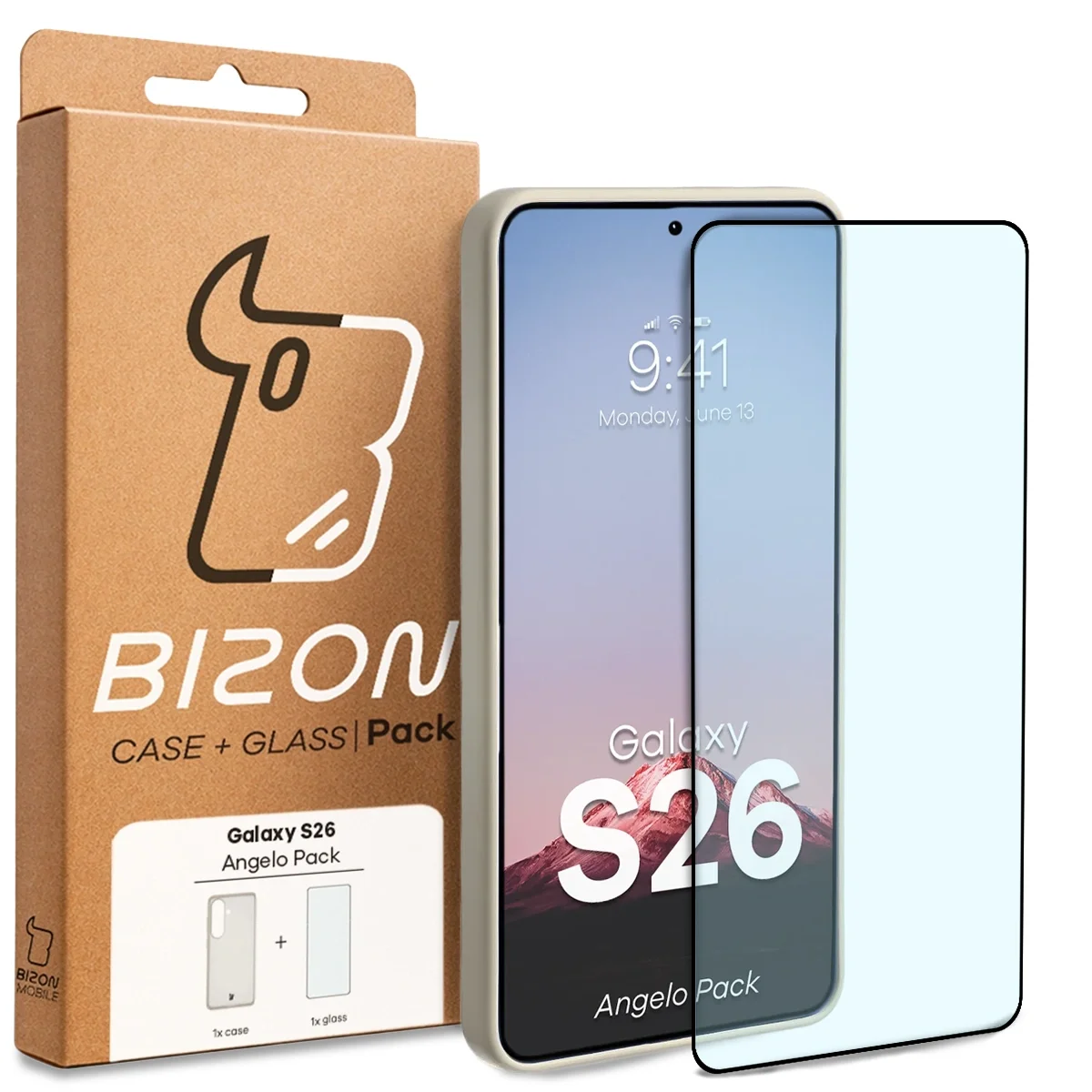 Przód pudełka Bizon Case Angelo Pack z dedykowaną etykietą do Samsung Galaxy S26