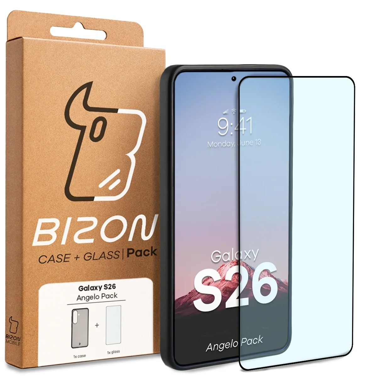 Przód pudełka Bizon Case Angelo Pack z dedykowaną etykietą do Samsung Galaxy S26