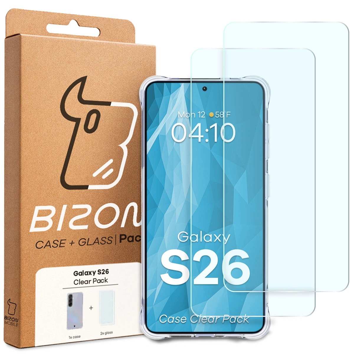 Przód pudełka Bizon Case+Glass z dedykowaną etykietą do Samsung Galaxy S26