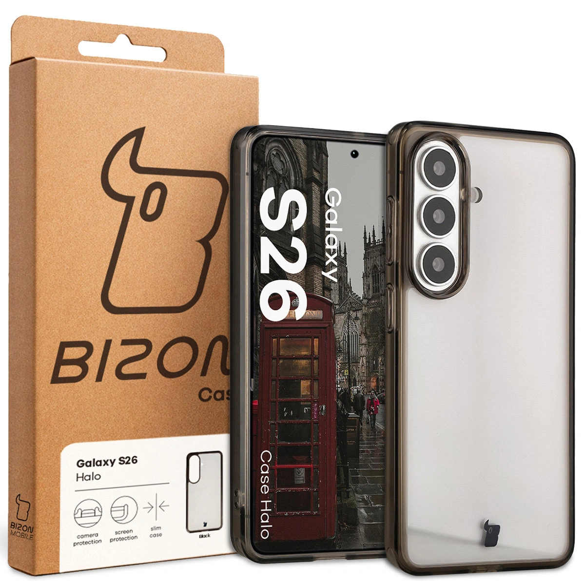 Przód pudełka Bizon Case z dedykowaną etykietą do Samsung Galaxy S26