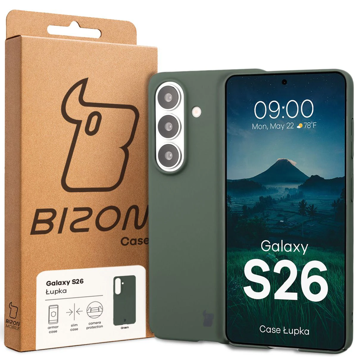 Przód pudełka Bizon Case z dedykowaną etykietą do Samsung Galaxy S26