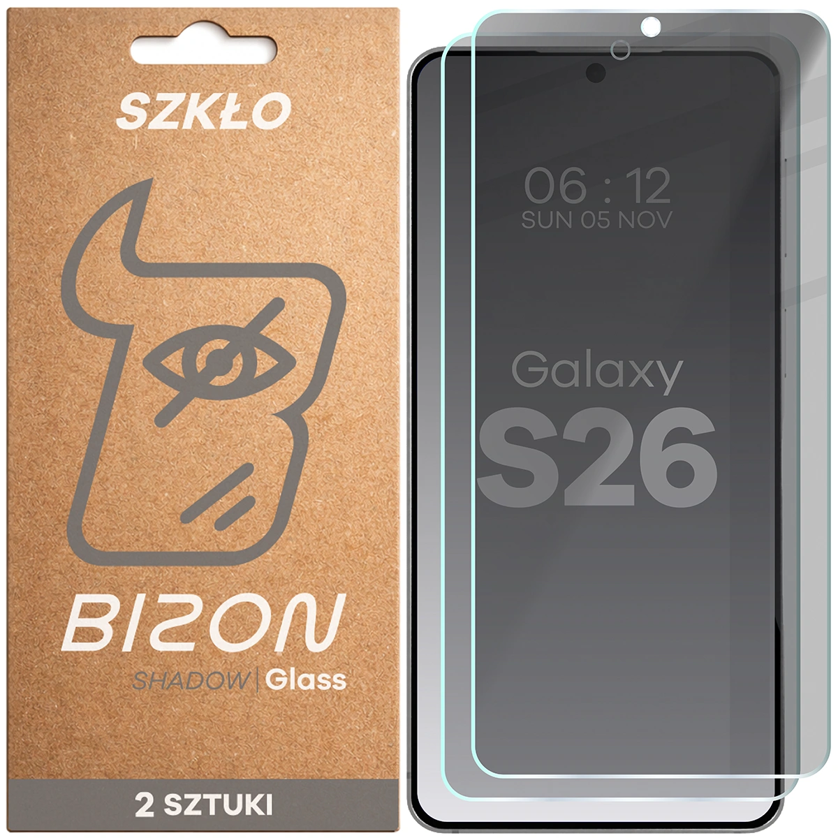 Pudełko i szkło prywatyzujące Bizon Glass Clear Shadow Duo do Samsung Galaxy S26