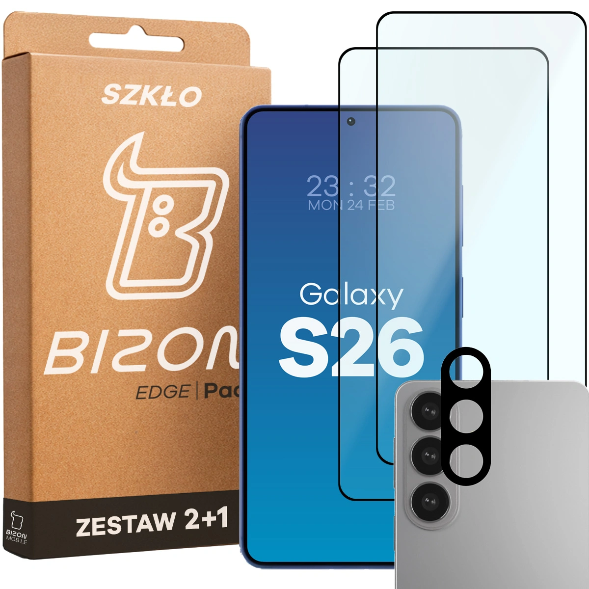 Pudełko i zestaw szkieł do Samsung Galaxy S26: 2x szkło hartowane i lens