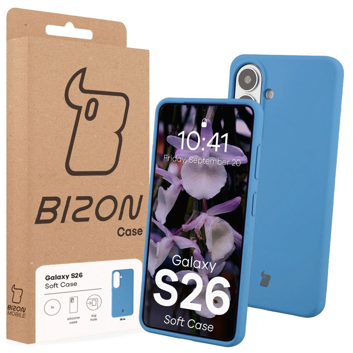Przód pudełka Bizon Case z dedykowaną etykietą do Samsung Galaxy S26
