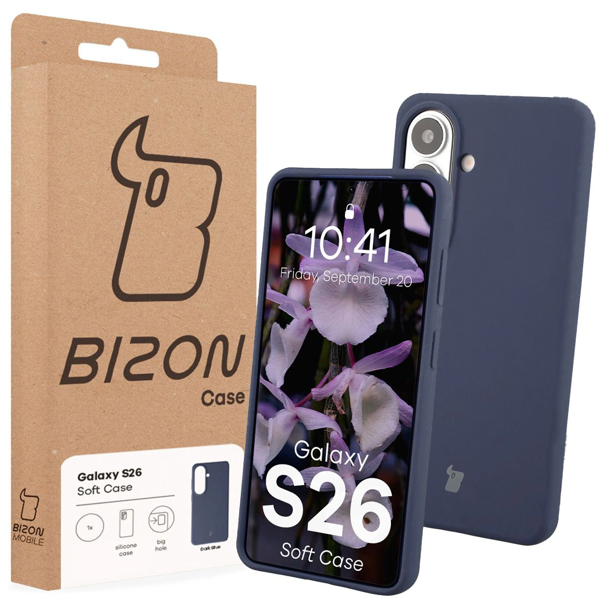 Przód pudełka Bizon Case z dedykowaną etykietą do Samsung Galaxy S26