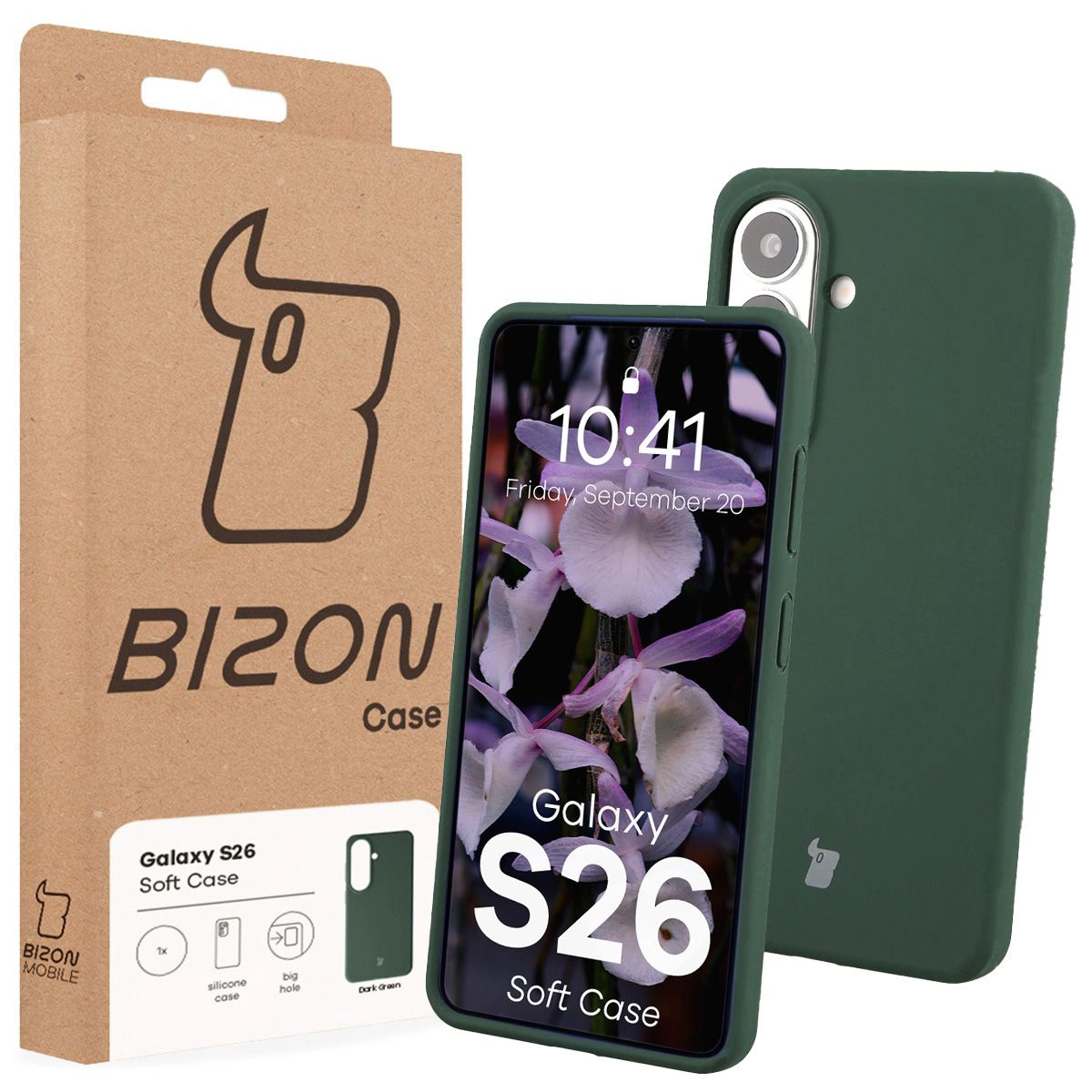 Przód pudełka Bizon Case z dedykowaną etykietą do Samsung Galaxy S26