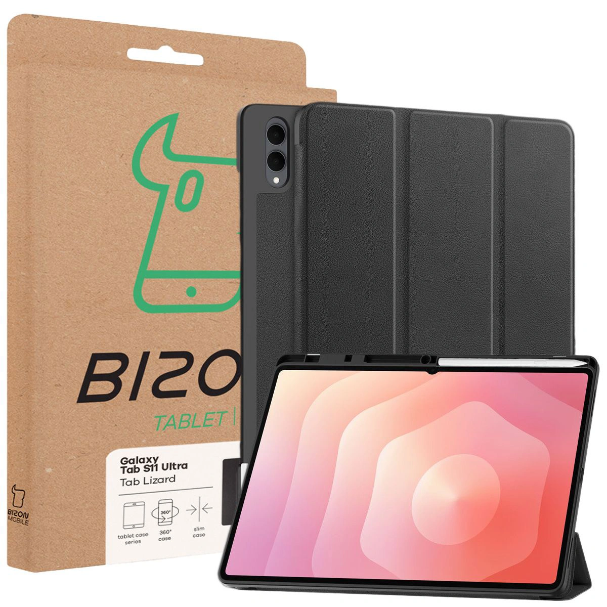 Przód pudełka Bizon Case z dedykowaną etykietą do Samsung Galaxy Tab S11 Ultra