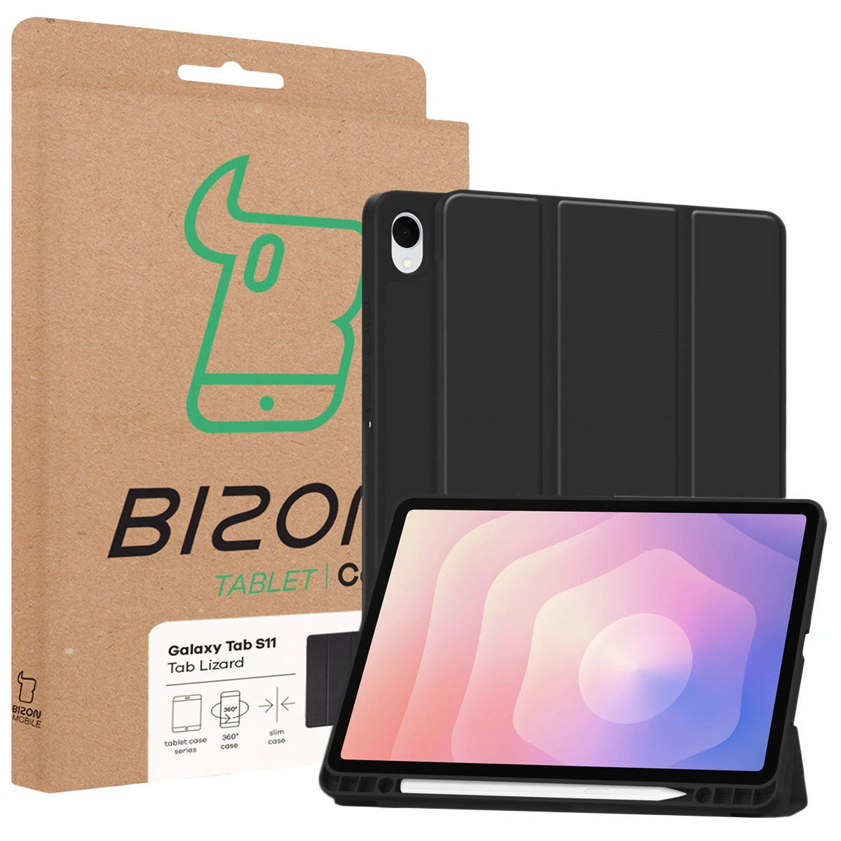 Przód pudełka Bizon Case z dedykowaną etykietą do Samsung Galaxy Tab S11