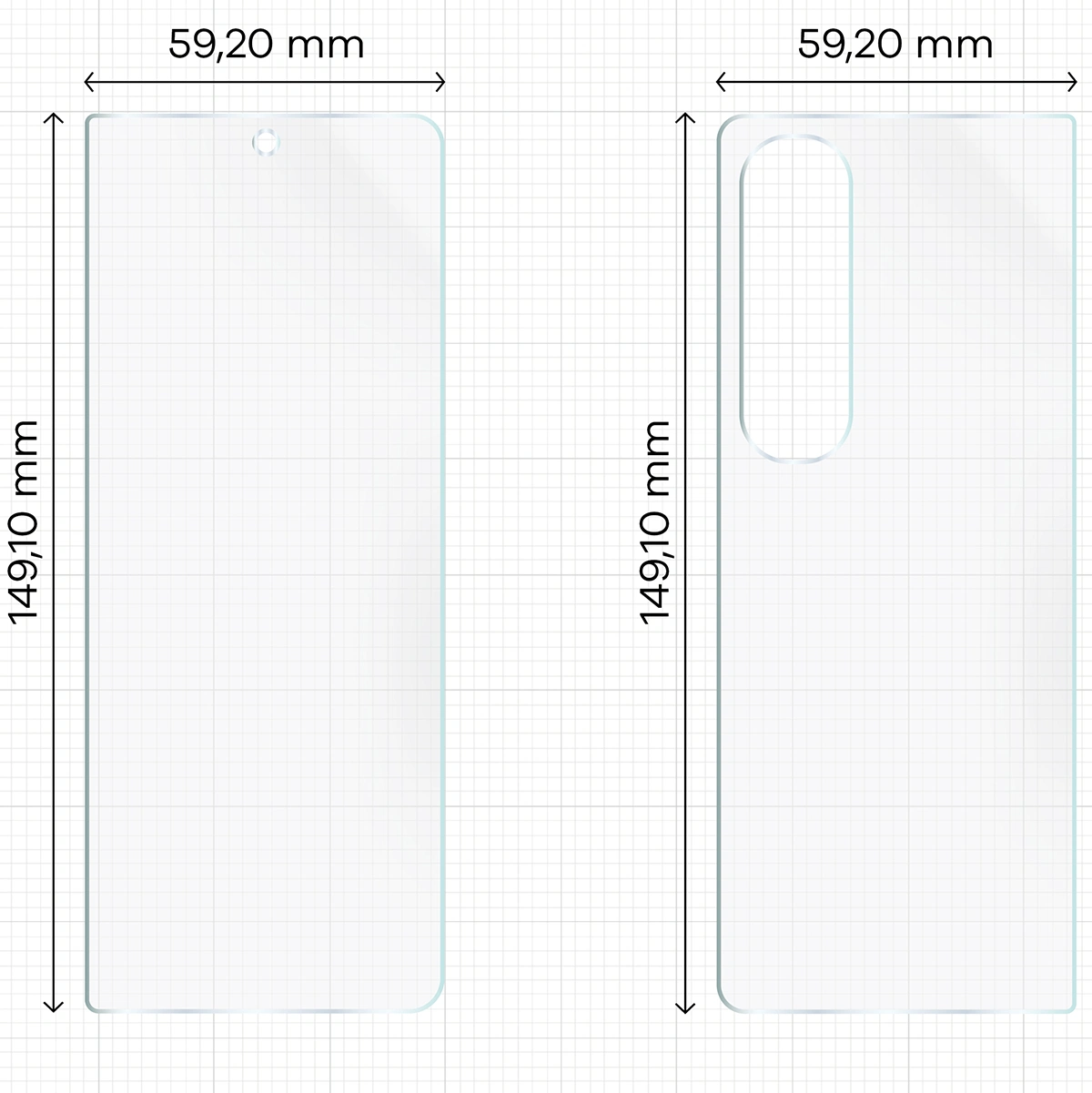 Wymiary dla folii hydrożelowej na plecki, mniejszy oraz większy wyświetlacz telefonu Bizon Film Hydrogel Pack do Samsung Galaxy Z Fold4