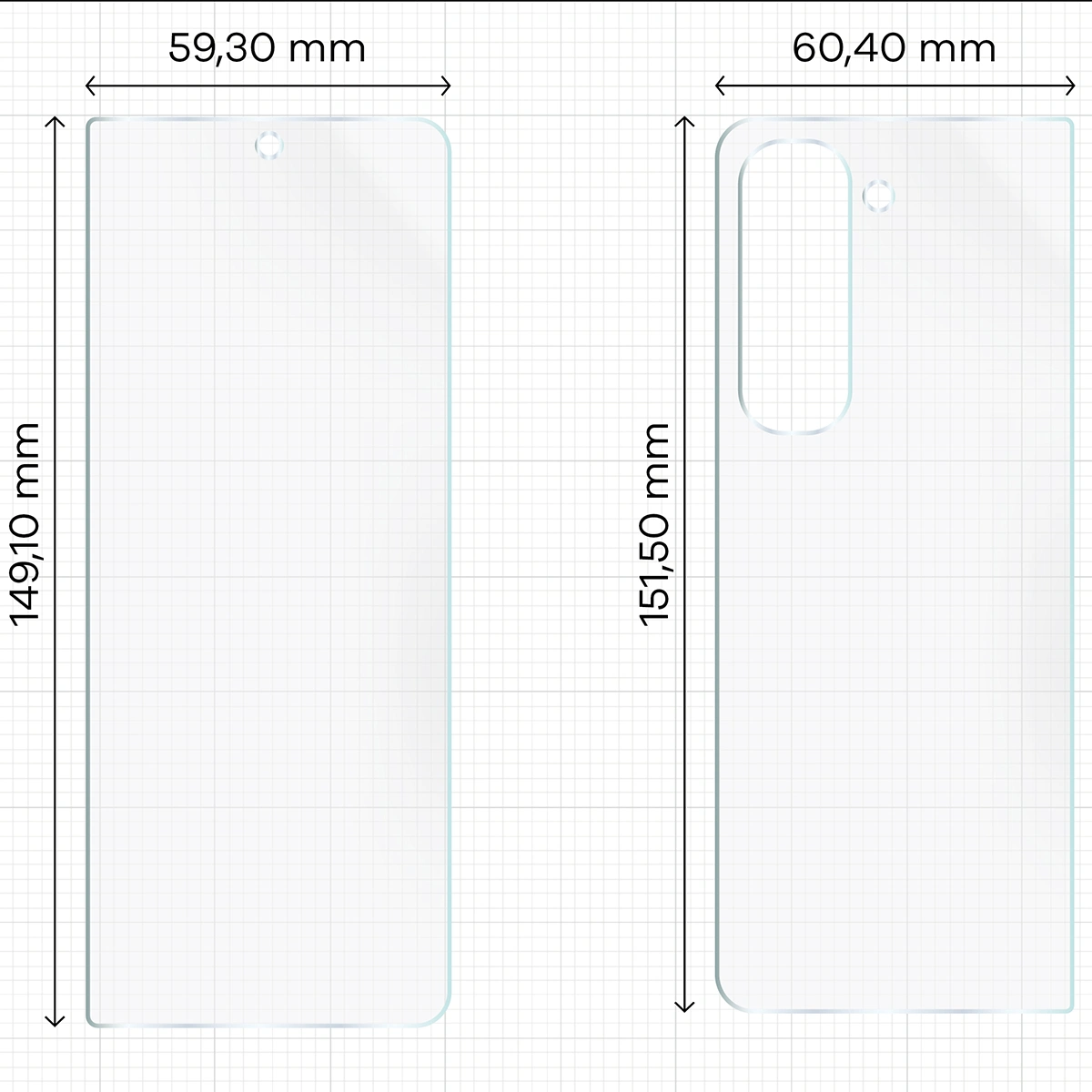 Wymiary dla folii hydrożelowej na plecki, mniejszy oraz większy wyświetlacz telefonu Bizon Film Hydrogel Pack do Samsung Galaxy Z Fold5