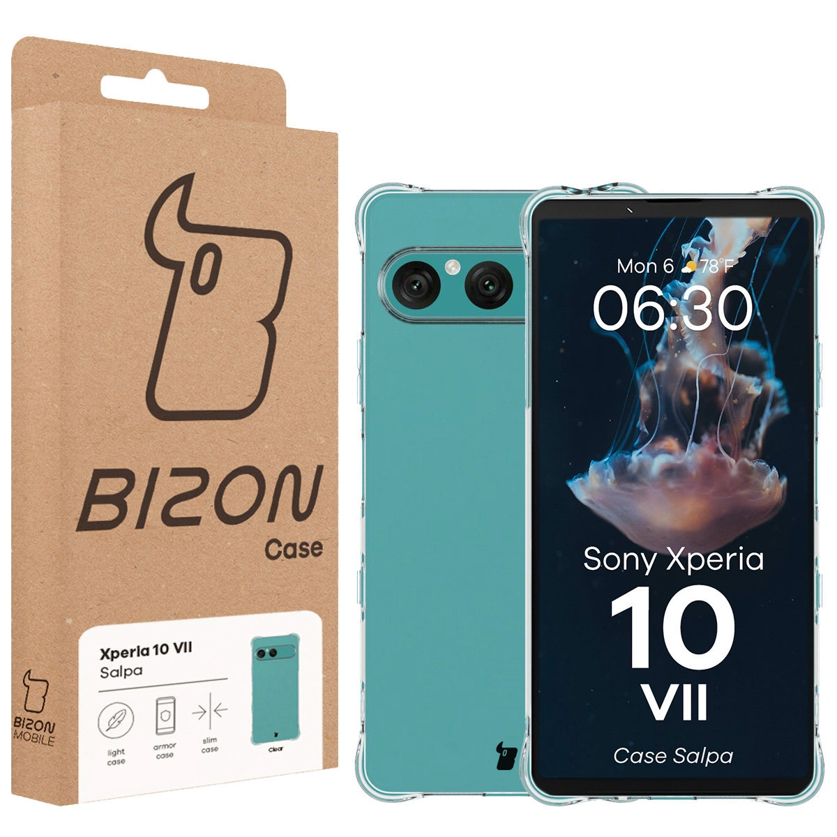 Przód pudełka Bizon Case z dedykowaną etykietą do Sony Xperia 10 VII