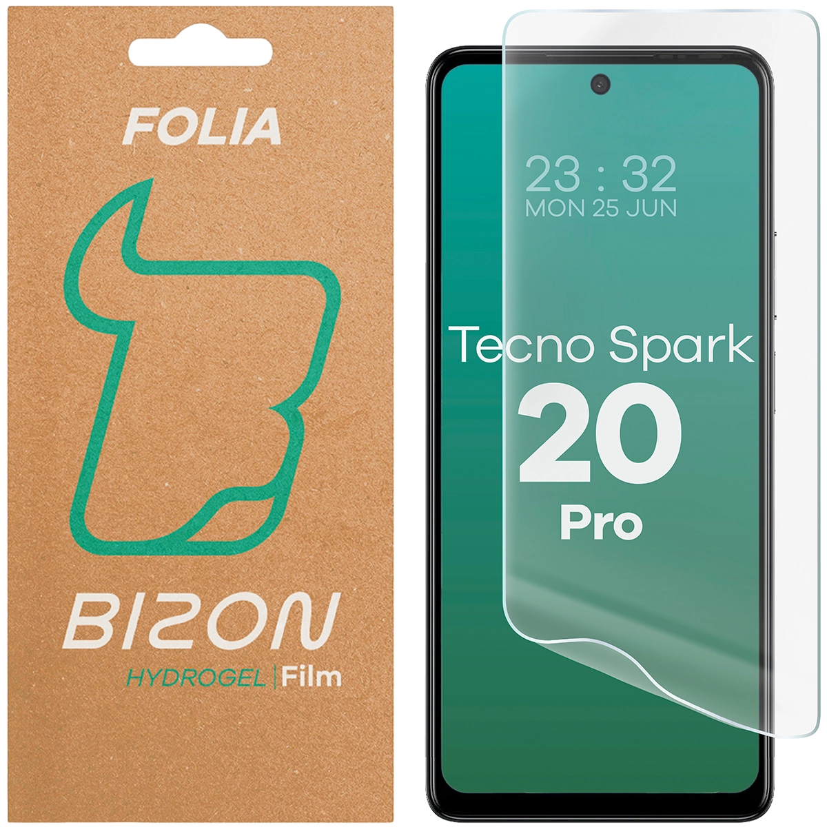 Pudełko i folia hydrożelowa na ekran Bizon Film Hydrogel Front do Tecno Spark 20 Pro