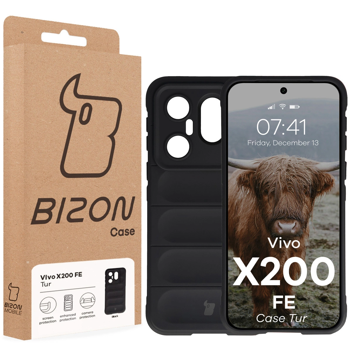 Przód pudełka Bizon Case z dedykowaną etykietą do Vivo X200 FE
