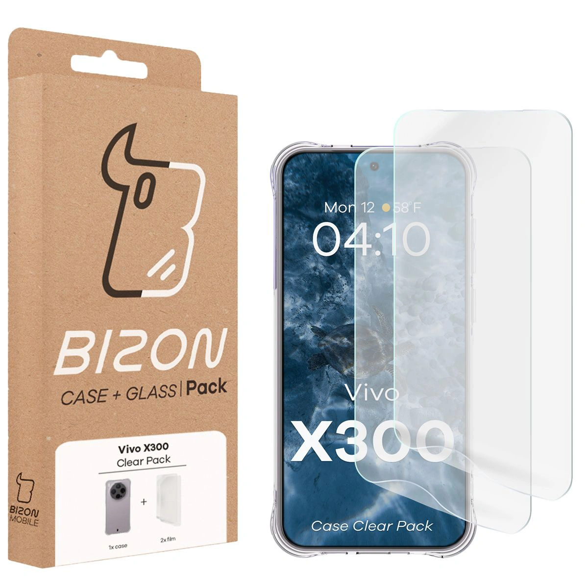 Przód pudełka Bizon Case+Glass z dedykowaną etykietą do Vivo X300