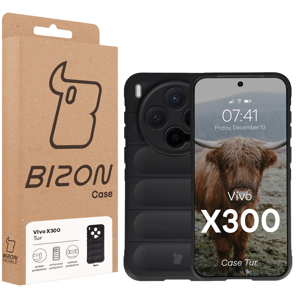Przód pudełka Bizon Case z dedykowaną etykietą do Vivo X300