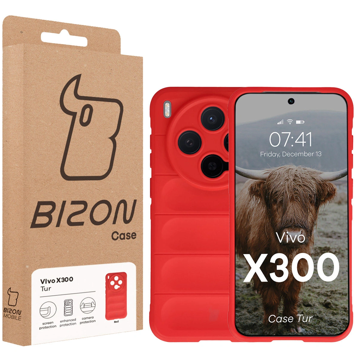 Przód pudełka Bizon Case z dedykowaną etykietą do Vivo X300