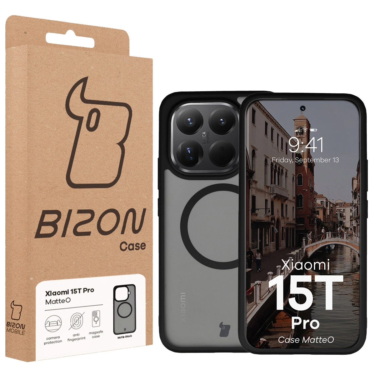 Przód pudełka Bizon Case z dedykowaną etykietą do Xiaomi 15T Pro