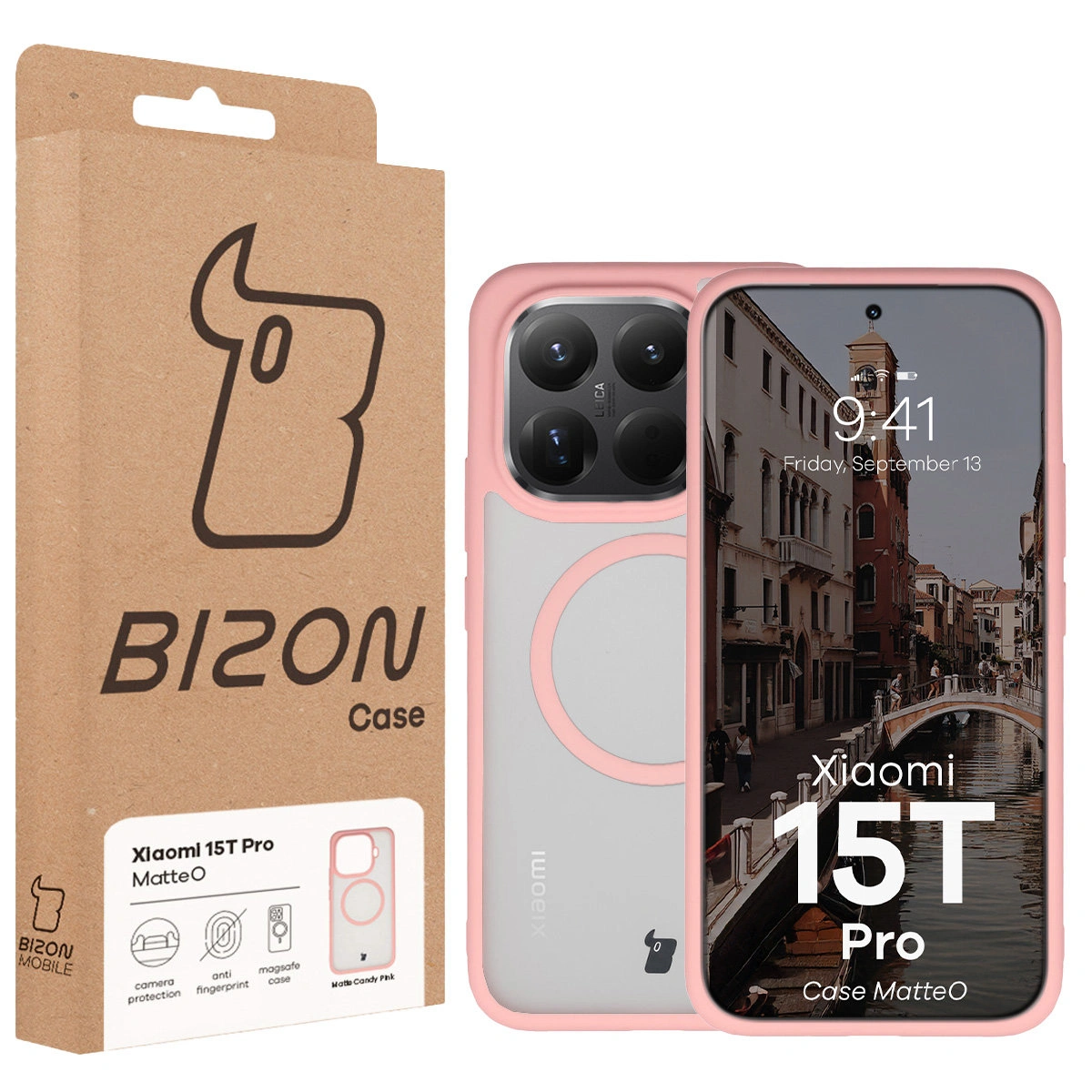 Przód pudełka Bizon Case z dedykowaną etykietą do Xiaomi 15T Pro