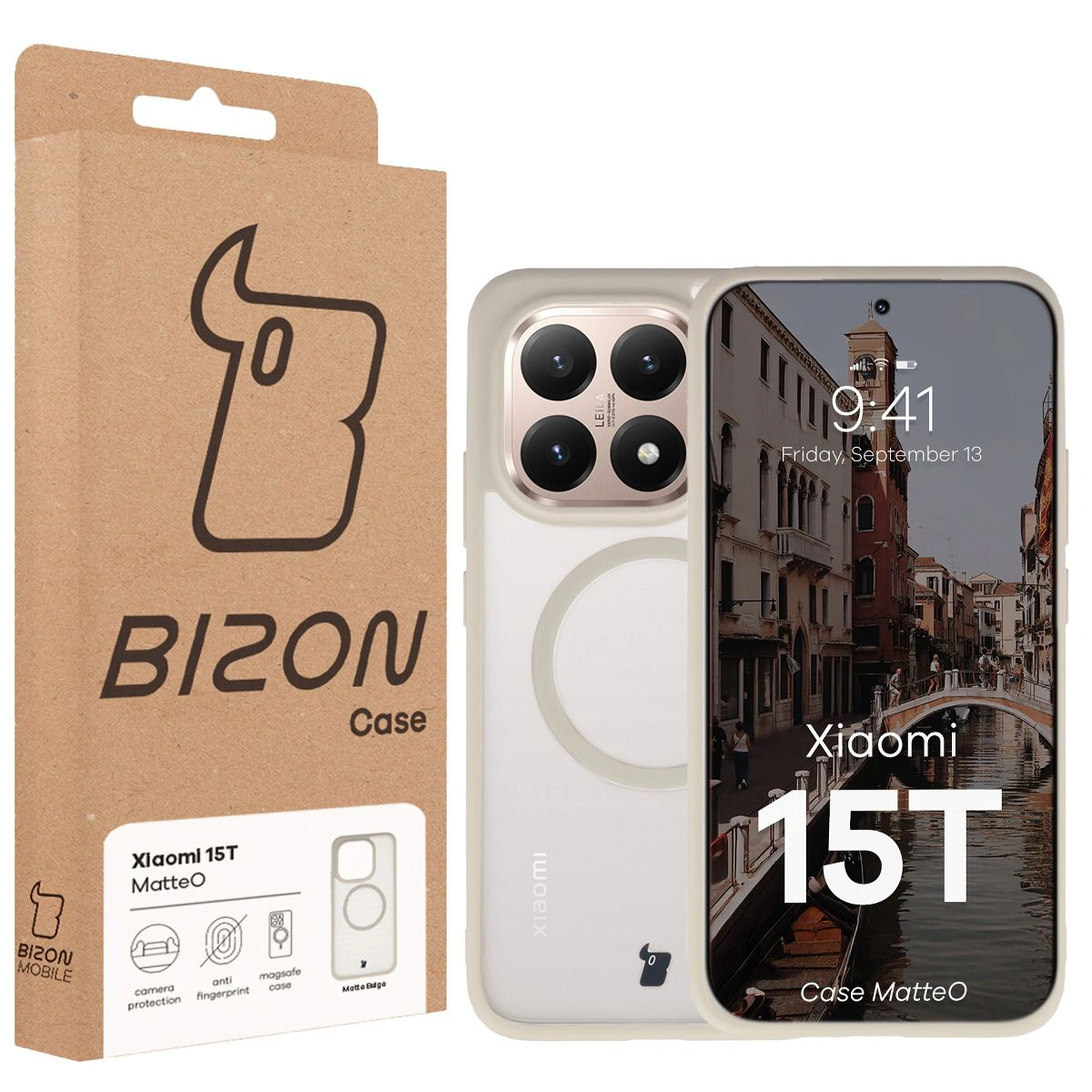 Przód pudełka Bizon Case z dedykowaną etykietą do Xiaomi 15T