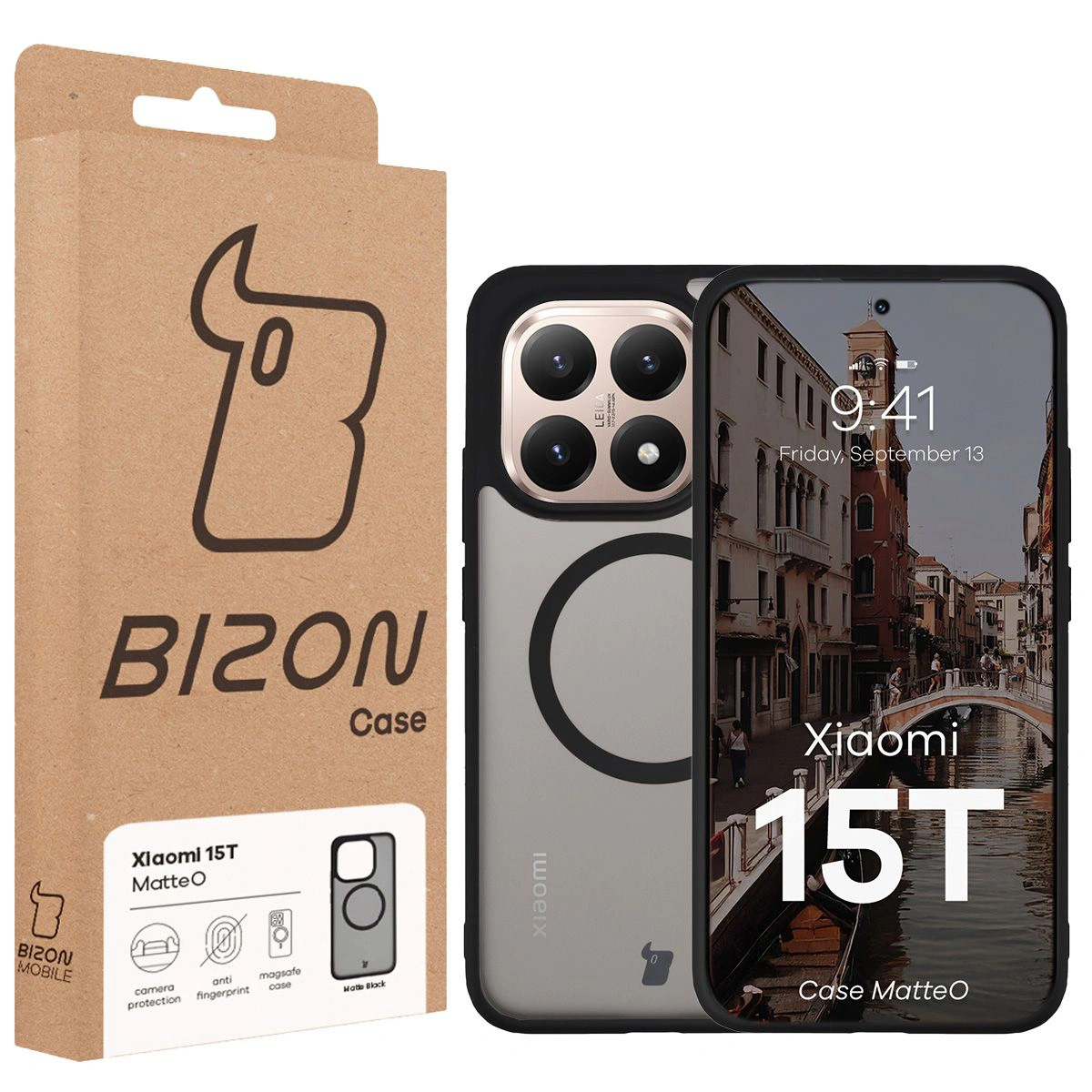 Przód pudełka Bizon Case z dedykowaną etykietą do Xiaomi 15T