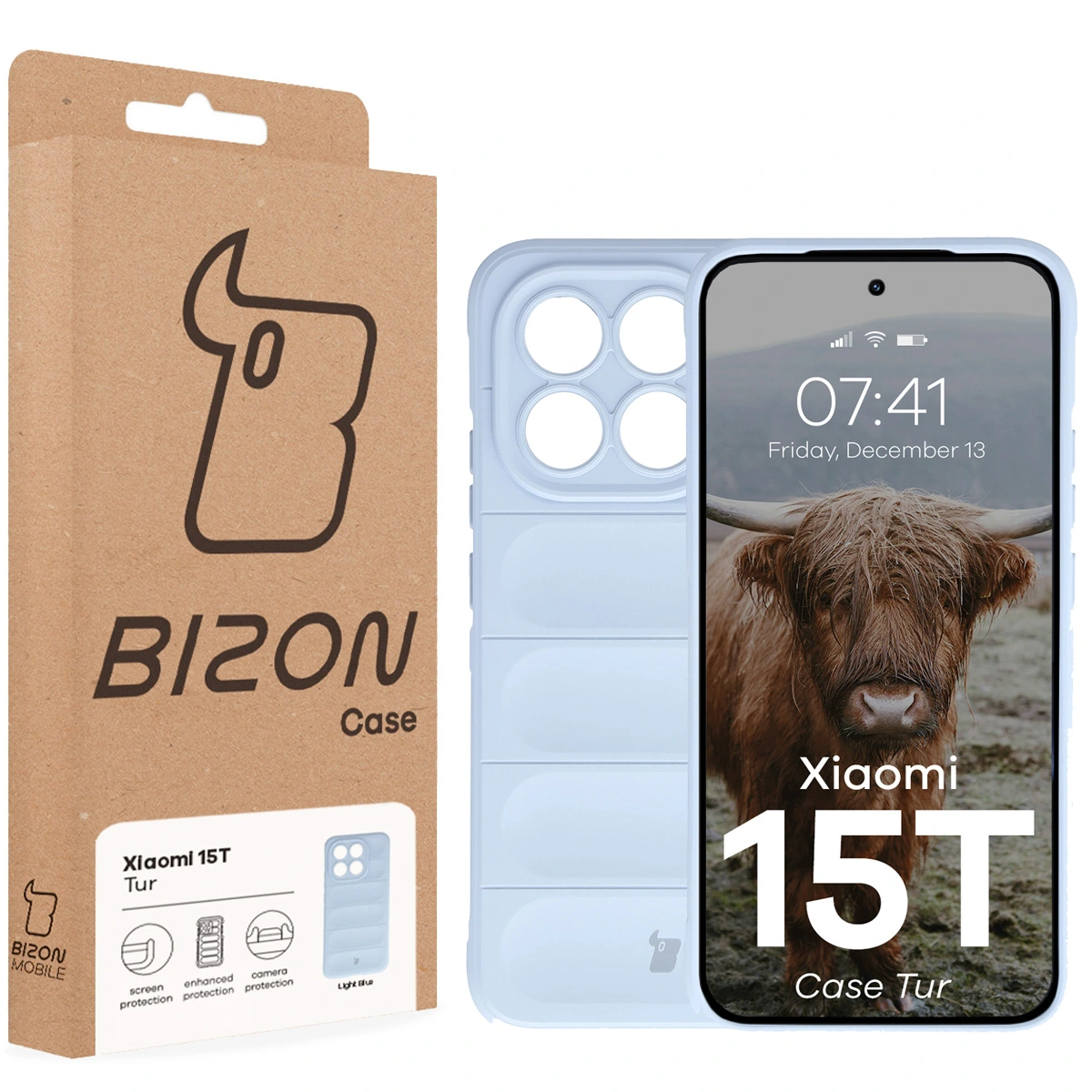 Przód pudełka Bizon Case z dedykowaną etykietą do Xiaomi 15T