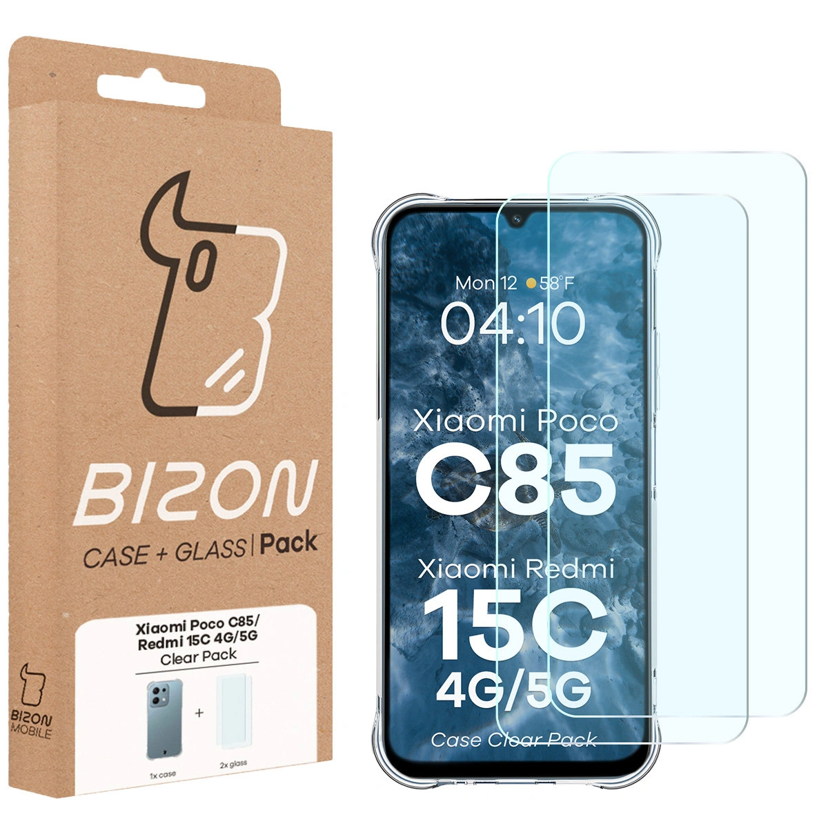 Przód pudełka Bizon Case+Glass z dedykowaną etykietą do Xiaomi Redmi 15C 4G / 5G / POCO C85 4G
