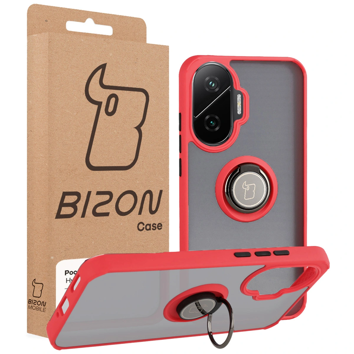 Przód pudełka Bizon Case z dedykowaną etykietą do Xiaomi POCO F7