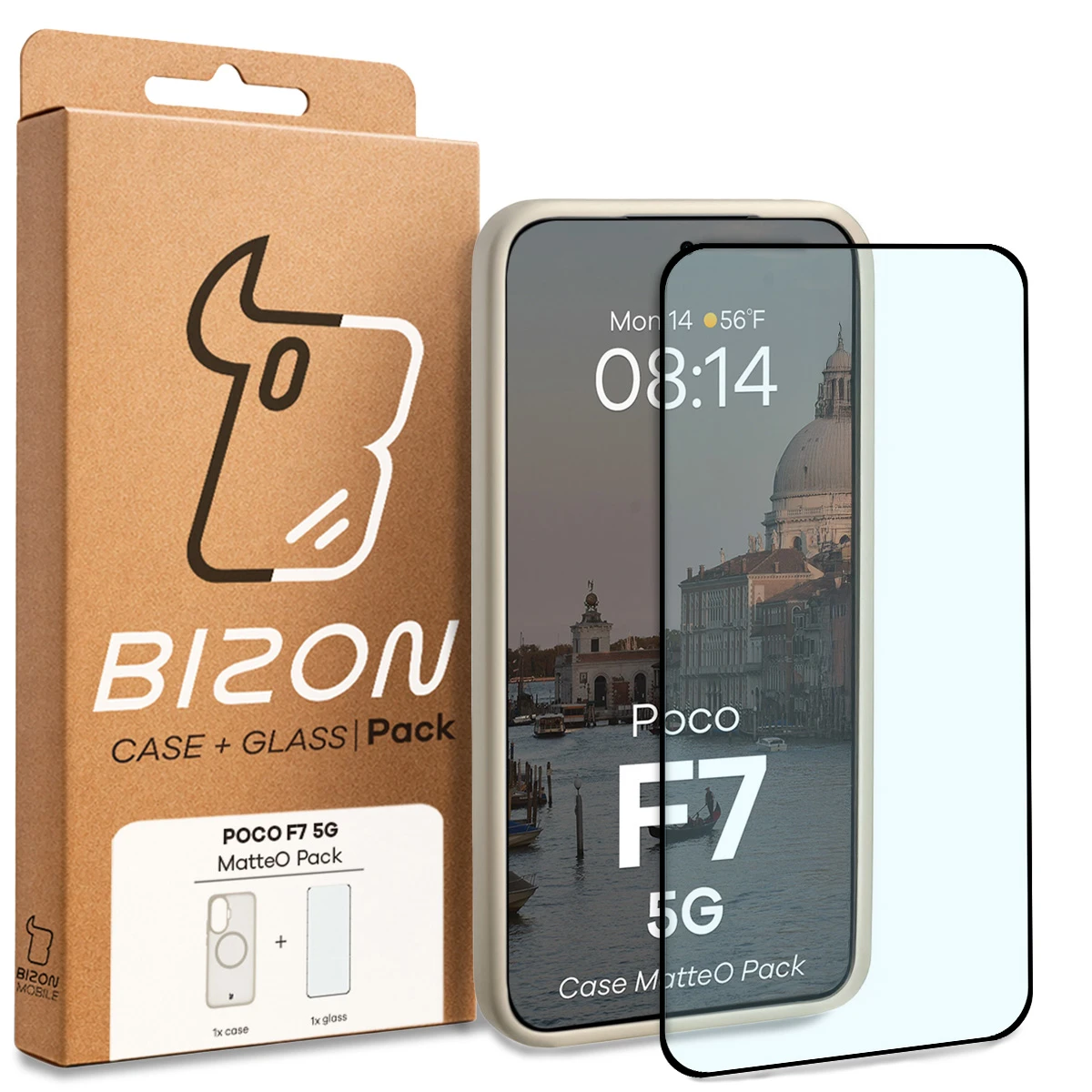 Przód pudełka Bizon Case Matteo Pack z dedykowaną etykietą do Xiaomi POCO F7