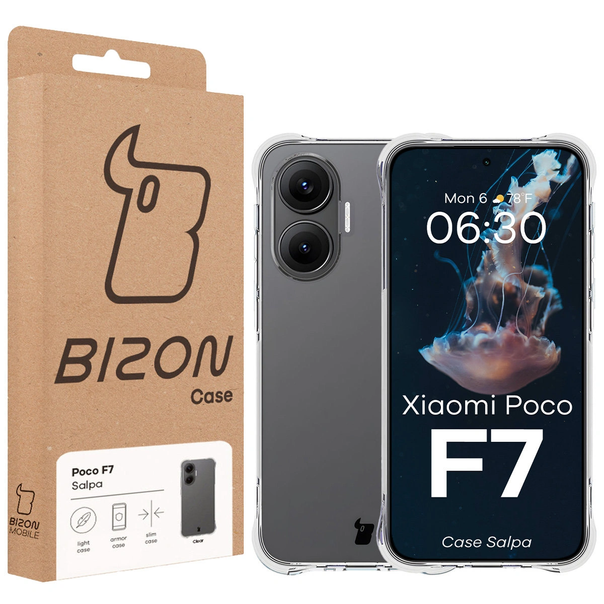 Przód pudełka Bizon Case z dedykowaną etykietą do Xiaomi POCO F7