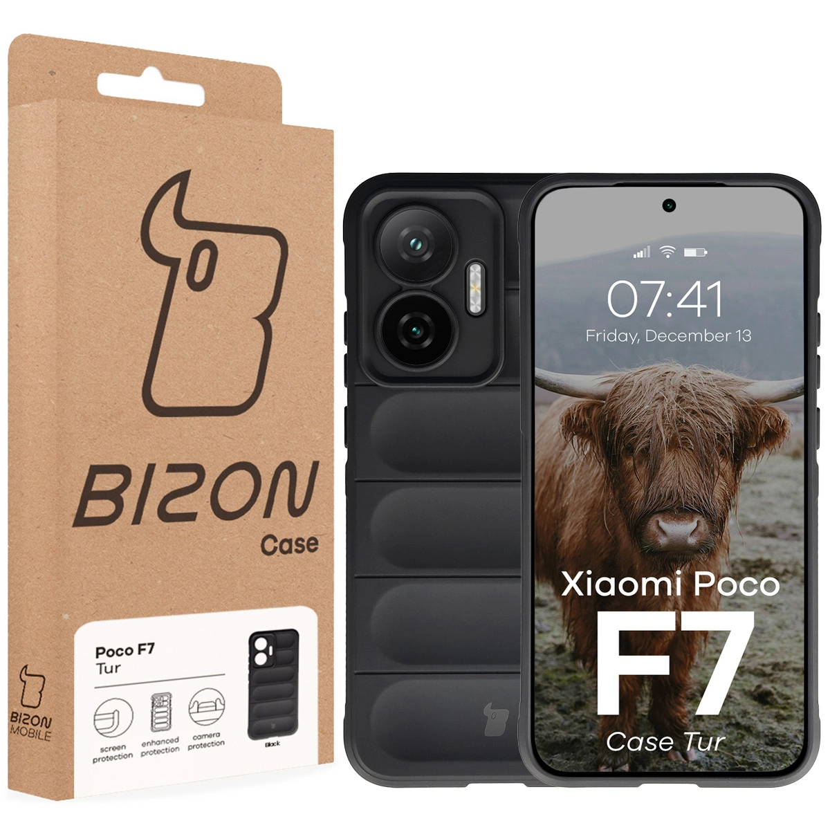 Przód pudełka Bizon Case z dedykowaną etykietą do Xiaomi POCO F7