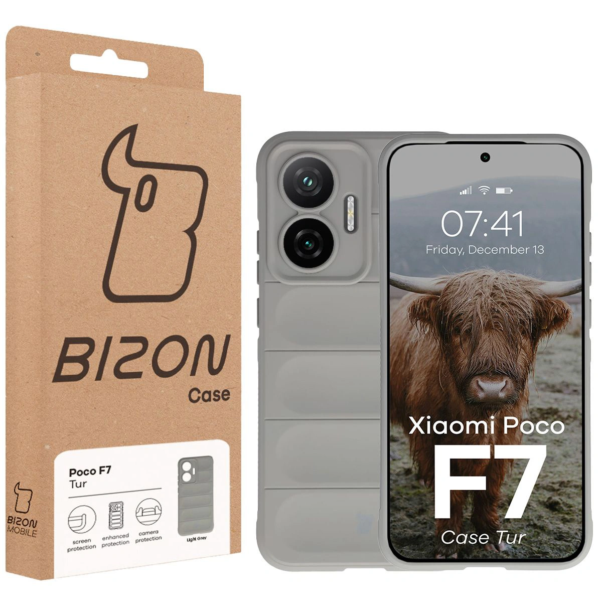 Przód pudełka Bizon Case z dedykowaną etykietą do Xiaomi POCO F7