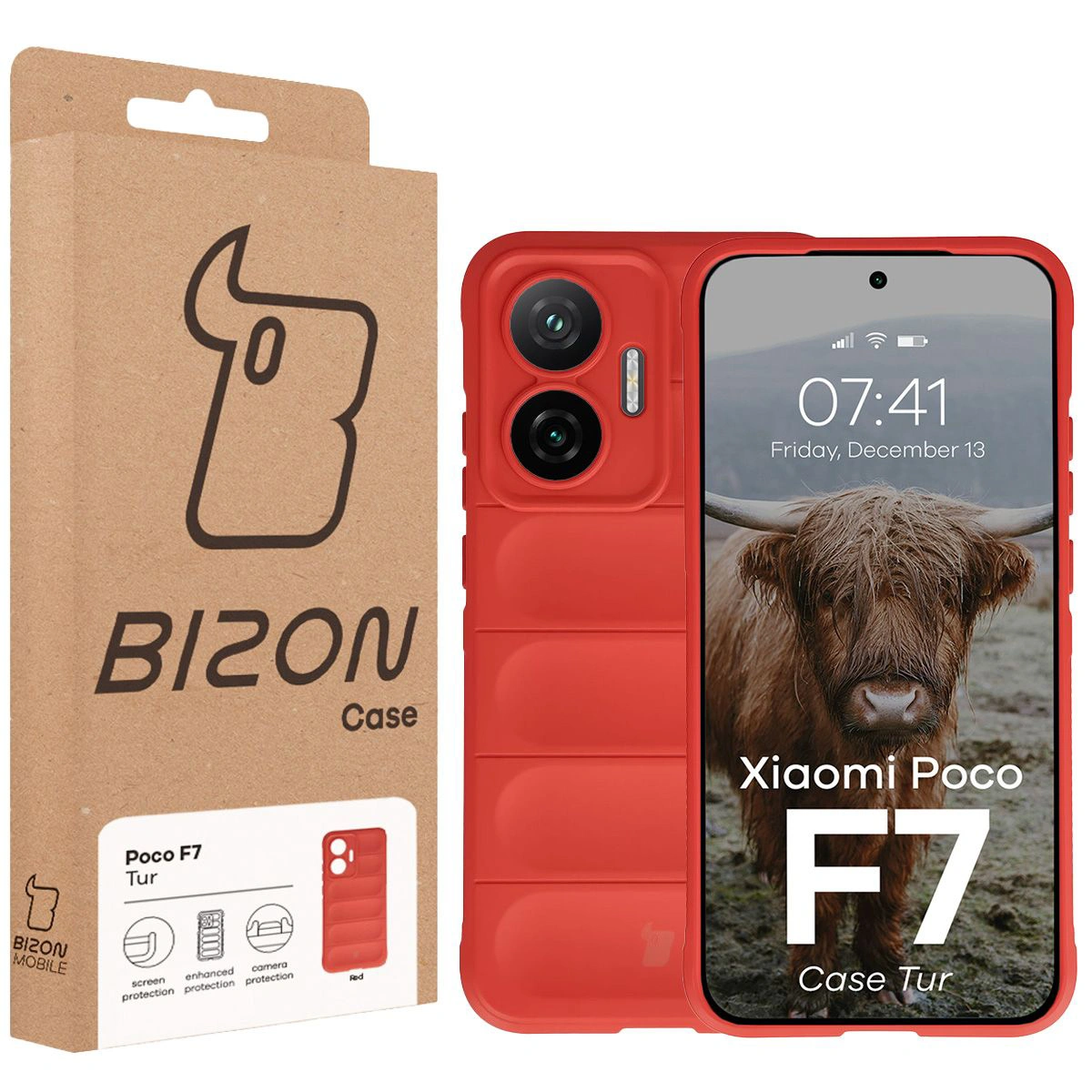 Przód pudełka Bizon Case z dedykowaną etykietą do Xiaomi POCO F7