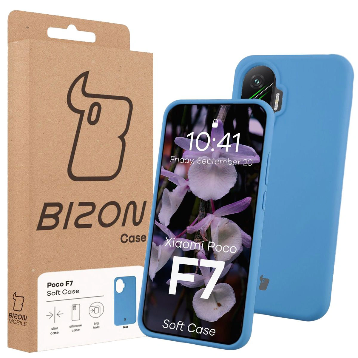 Przód pudełka Bizon Case z dedykowaną etykietą do Xiaomi POCO F7