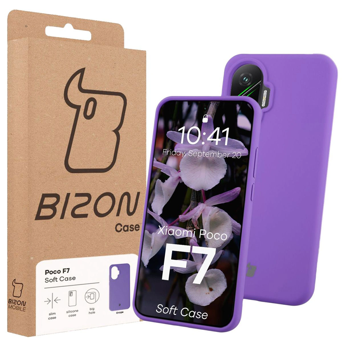 Przód pudełka Bizon Case z dedykowaną etykietą do Xiaomi POCO F7