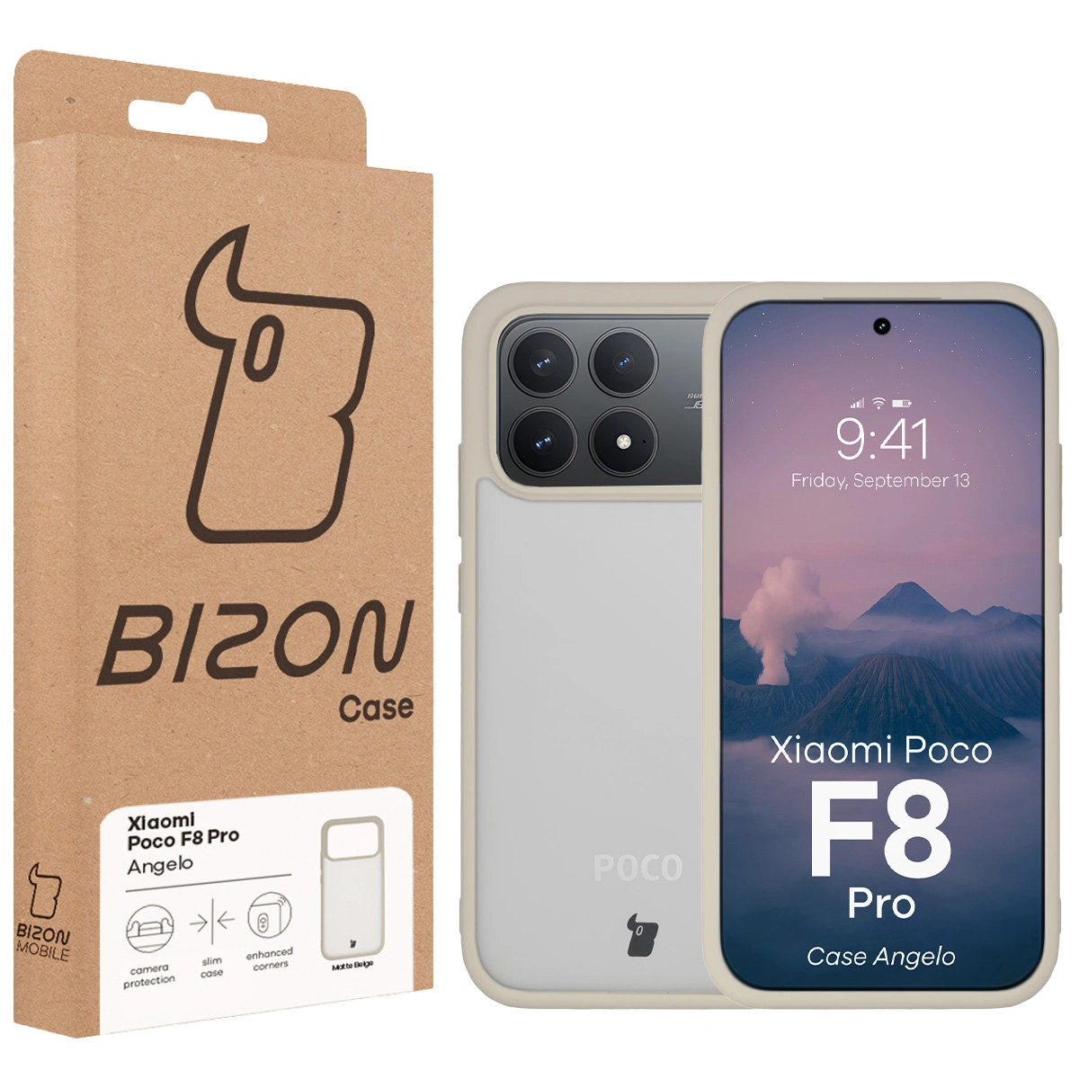 Przód pudełka Bizon Case z dedykowaną etykietą do Xiaomi POCO F8 Pro