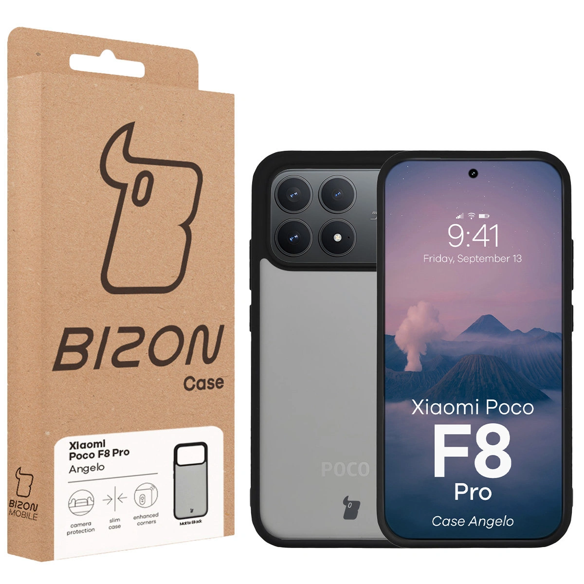 Przód pudełka Bizon Case z dedykowaną etykietą do Xiaomi POCO F8 Pro