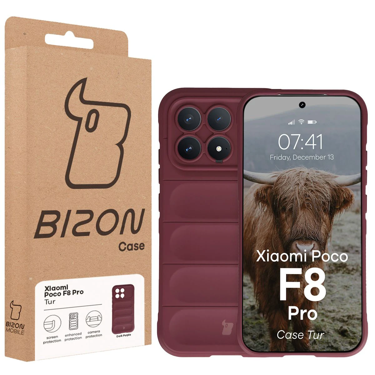 Przód pudełka Bizon Case z dedykowaną etykietą do Xiaomi POCO F8 Pro