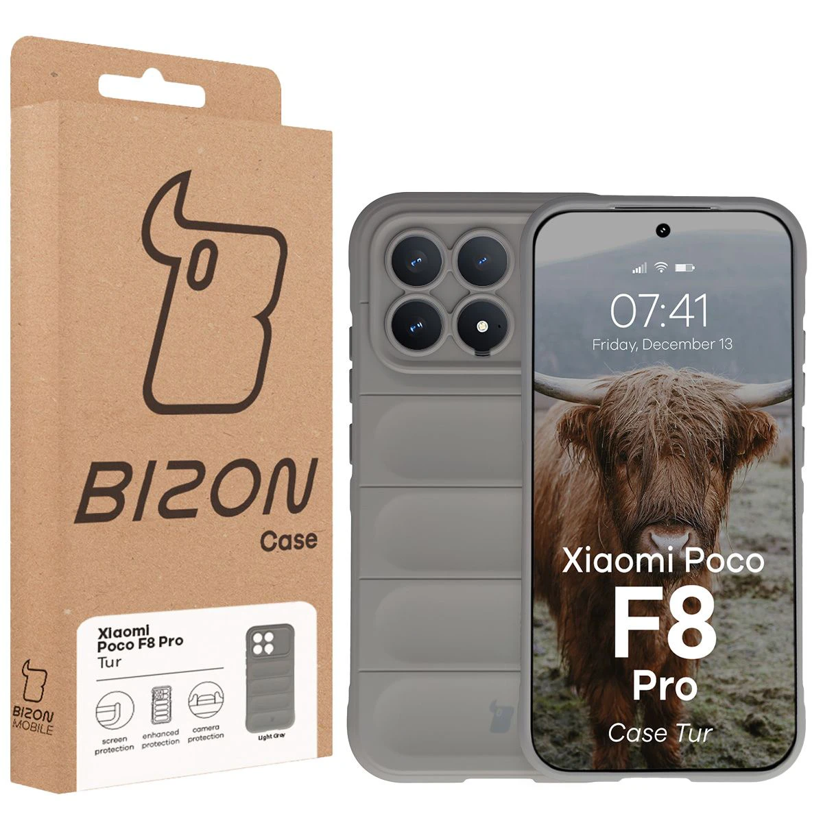 Przód pudełka Bizon Case z dedykowaną etykietą do Xiaomi POCO F8 Pro