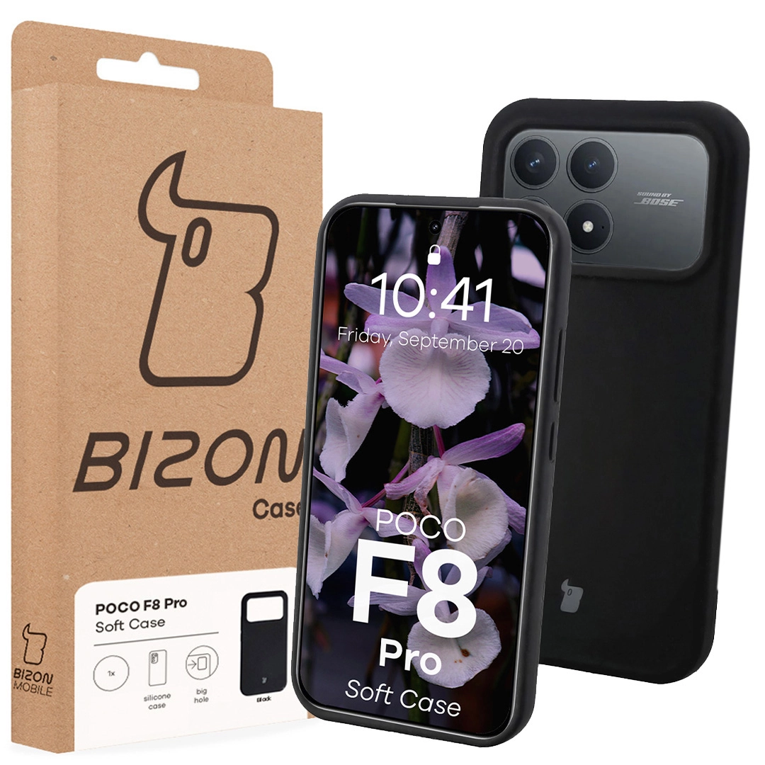 Przód pudełka Bizon Case z dedykowaną etykietą do Xiaomi POCO F8 Pro