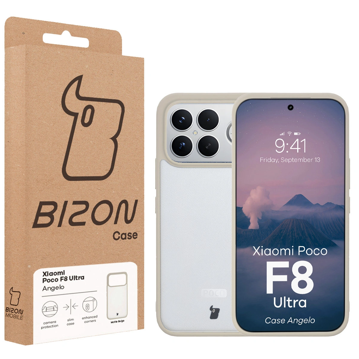 Przód pudełka Bizon Case z dedykowaną etykietą do Xiaomi POCO F8 Ultra
