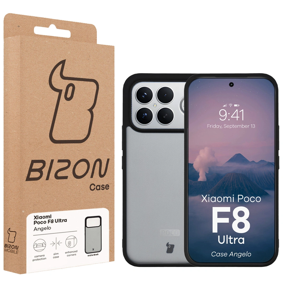 Przód pudełka Bizon Case z dedykowaną etykietą do Xiaomi POCO F8 Ultra