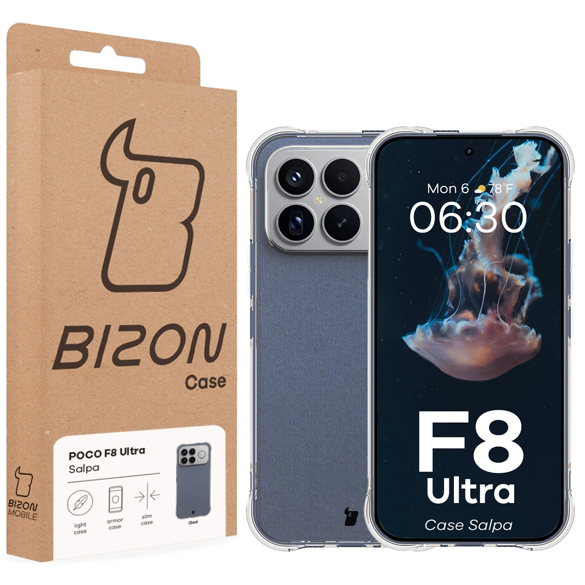 Przód pudełka Bizon Case z dedykowaną etykietą do Xiaomi POCO F8 Ultra