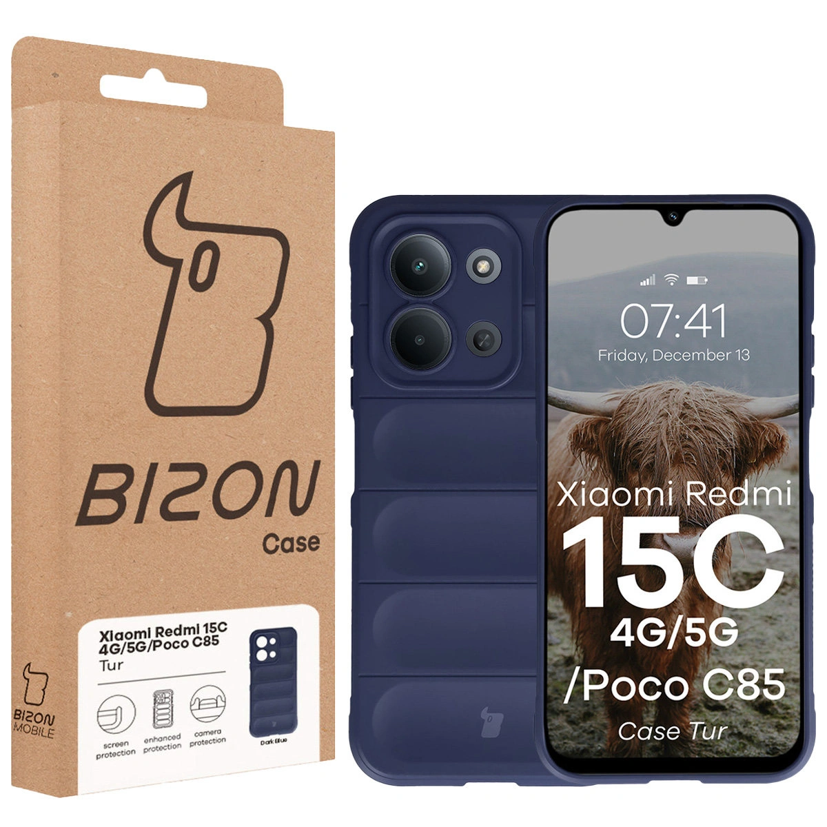 Przód pudełka Bizon Case z dedykowaną etykietą do Xiaomi Redmi 15C 4G / 5G / POCO C85 4G