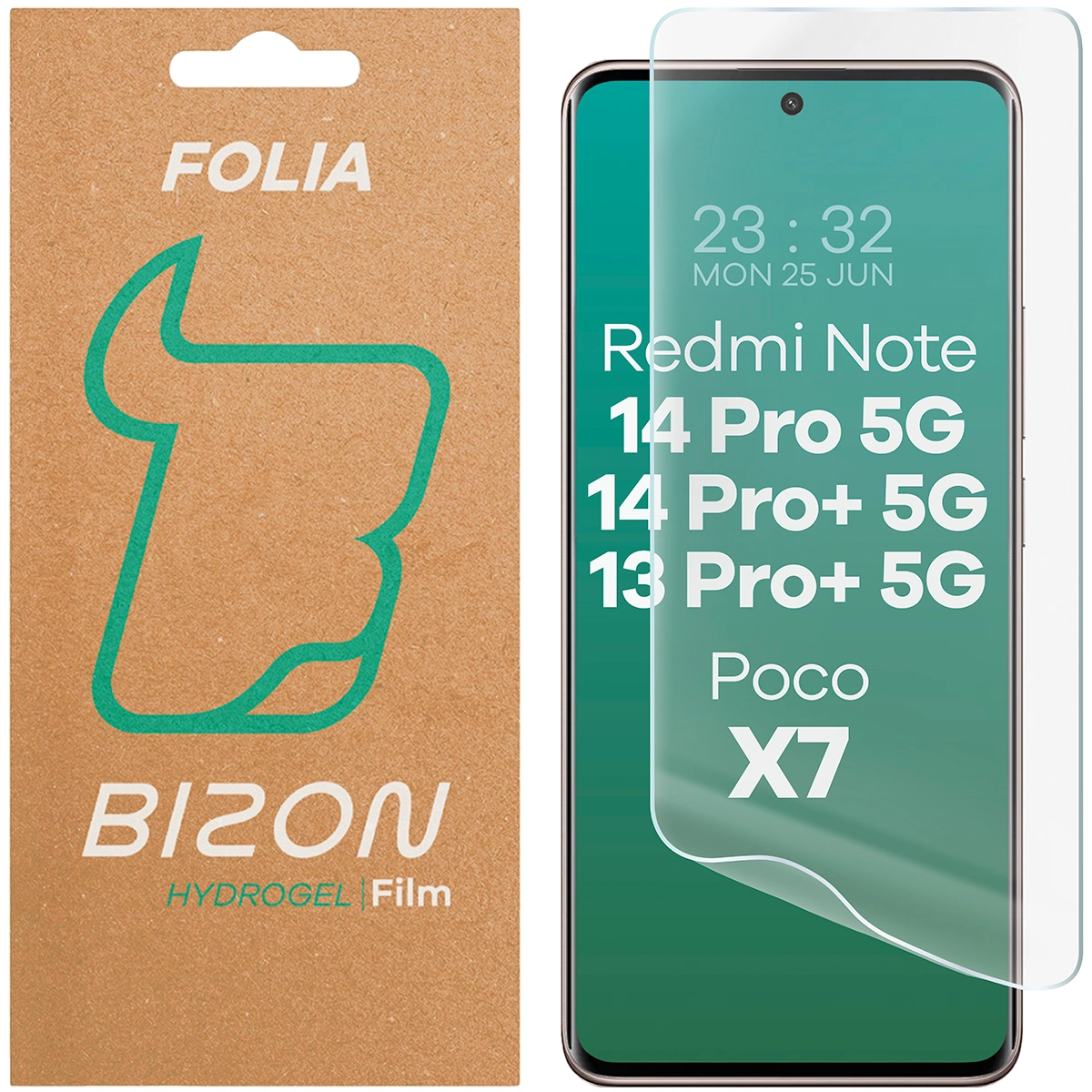 Pudełko i folia hydrożelowa na ekran Bizon Film Hydrogel Front do Xiaomi Redmi Note 13 Pro Plus 5G / Xiaomi Redmi Note 14 Pro 5G / Xiaomi Redmi Note 14 Pro Plus 5G / Xiaomi POCO X7