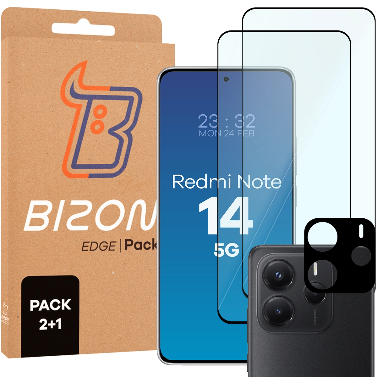 Pudełko i zestaw szkieł do Xiaomi Redmi Note 14 5G: 2x szkło hartowane i lens