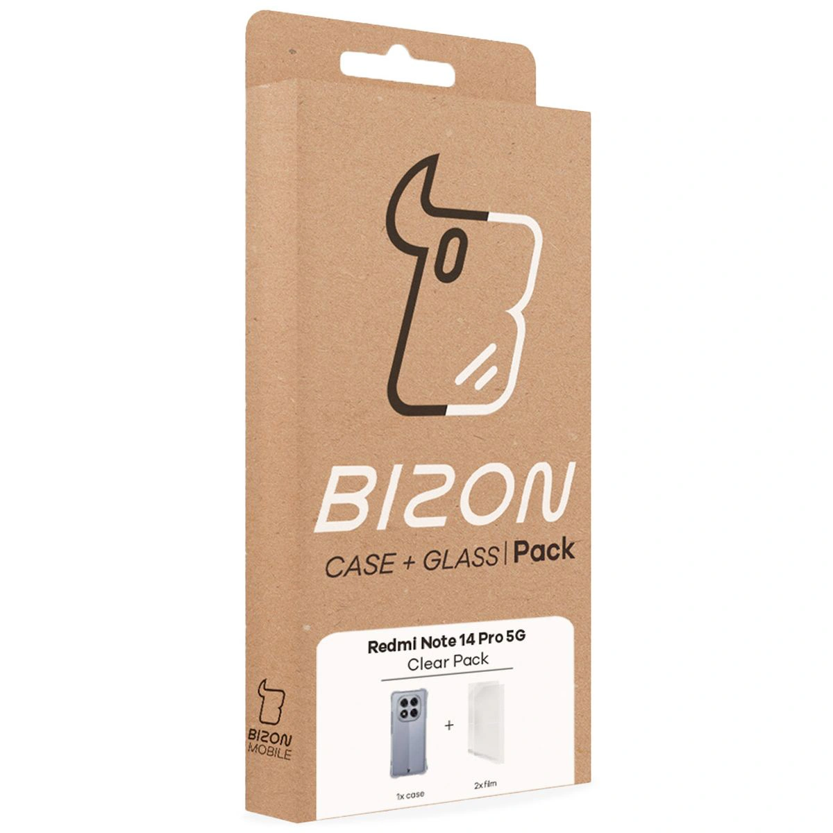 Przód pudełka Bizon Case+Glass z dedykowaną etykietą do Xiaomi Redmi Note 14 Pro 5G