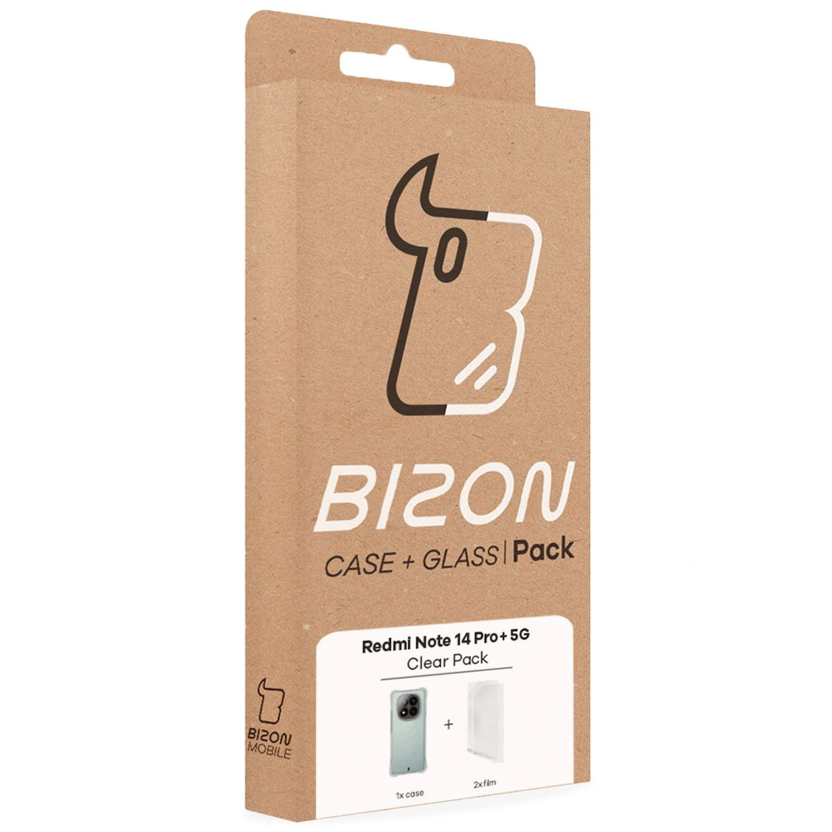 Przód pudełka Bizon Case+Glass z dedykowaną etykietą do Xiaomi Redmi Note 14 Pro Plus 5G