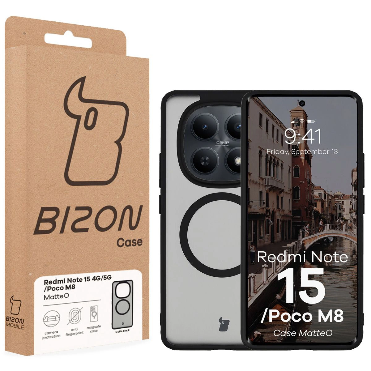 Przód pudełka Bizon Case z dedykowaną etykietą do Xiaomi Redmi Note 15 / Xiaomi POCO M8 5G
