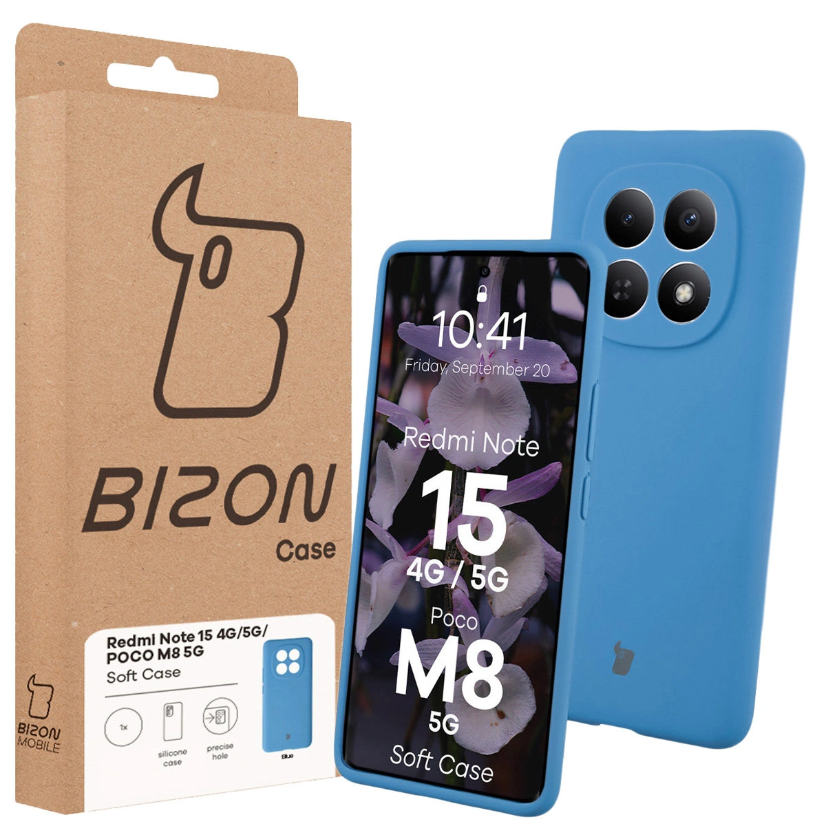 Przód pudełka Bizon Case z dedykowaną etykietą do Xiaomi Redmi Note 15 / Xiaomi POCO M8 5G